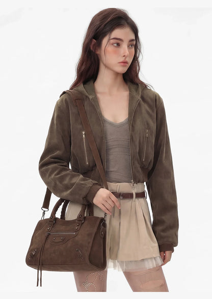 Women Paris Retro Motorcycle Bag | Large Capacity | Suede Leather Bag | Crossbody