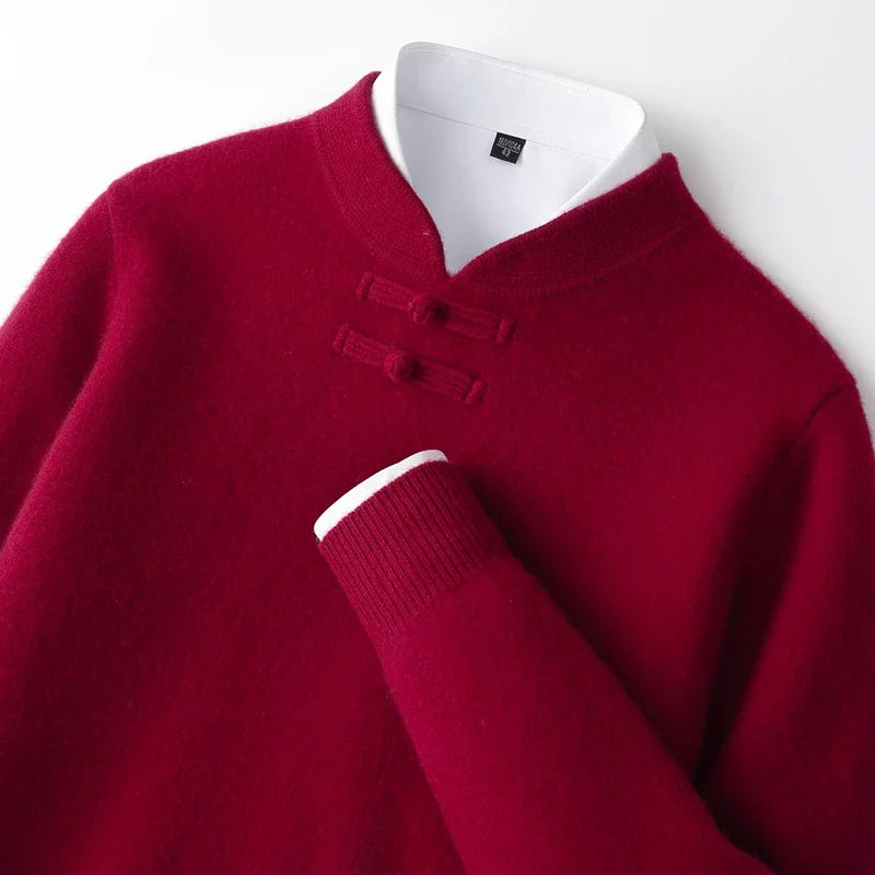 Men Pure Merino Wool Sweater | Long Sleeves | Stand-Up Collar | Pullover | Warm | Mock Neck Sweater Burgundy