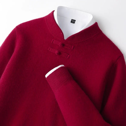 Men Pure Merino Wool Sweater | Long Sleeves | Stand-Up Collar | Pullover | Warm | Mock Neck Sweater Burgundy