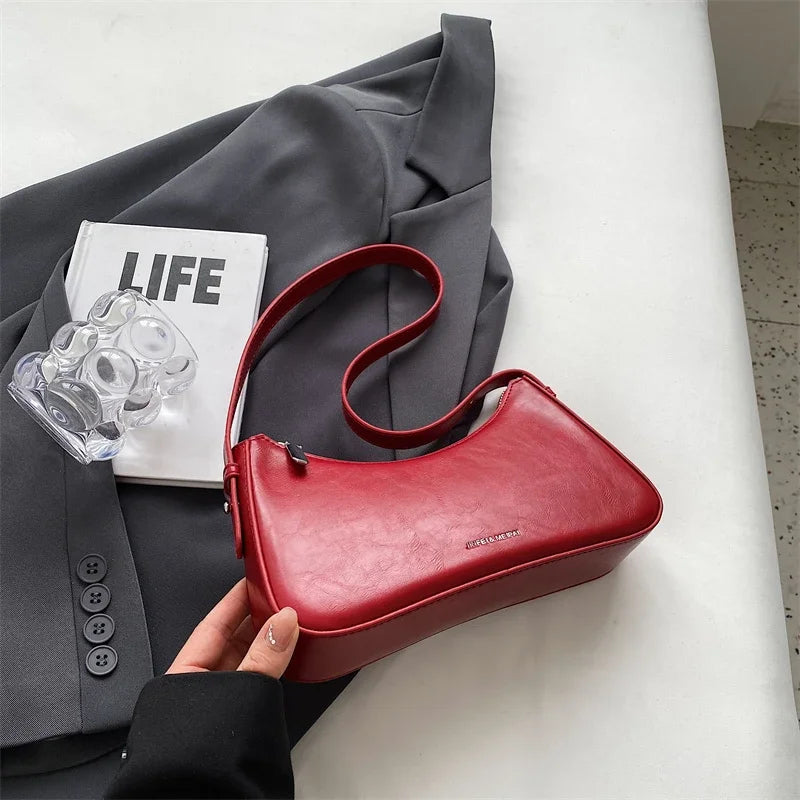 Women Leather Underarm Shoulder Bag Red