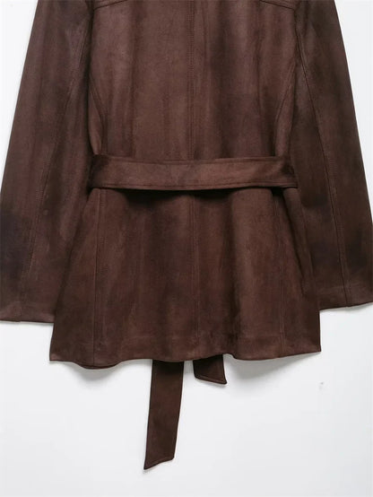 Women Brown Jacket | Long Sleeve | Suede | Belt Jacket