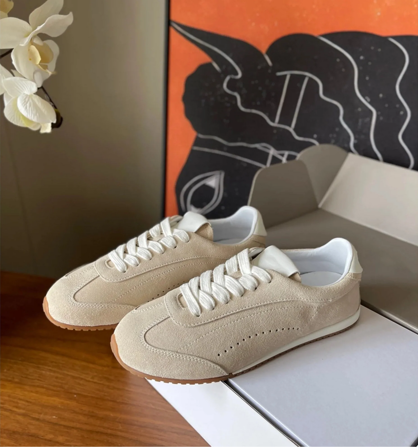 Women Genuine Leather Shoes | Flat Casual Sport Shoes | Comfortable | Breathable | German Trainers Apricot