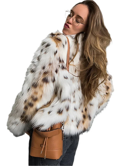 Women Vintage Leopard Fur Short Coat | Casual Loose Stand Collar Winter Outwear