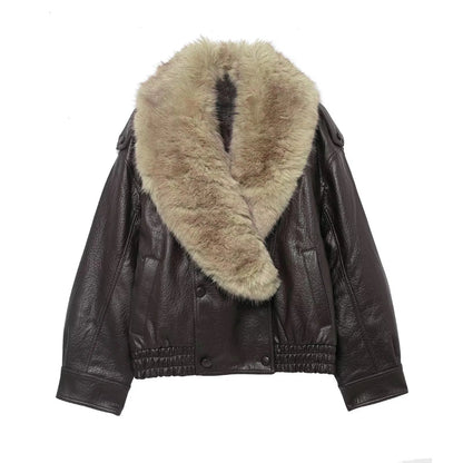 Women Winter Loose Leather Fur Jacket | Big Fur Collar | Casual Coat | Double Breasted Brown