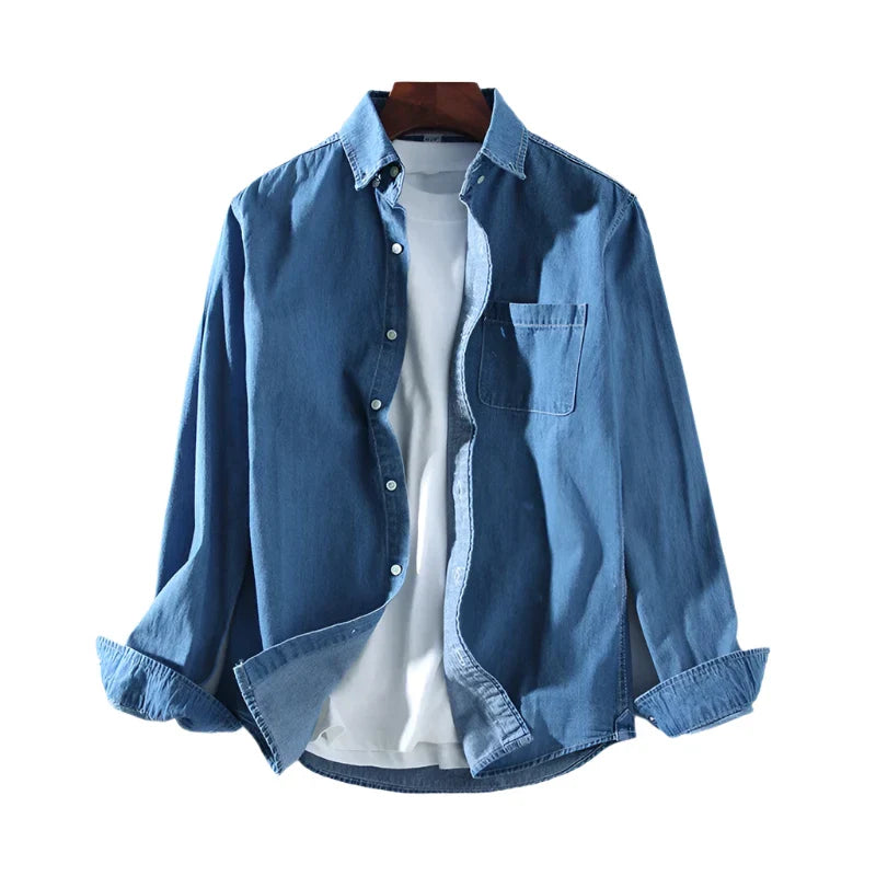 Men Denim Shirt | Long Sleeve Shirt | Lapel Pocket | Daily Casual Pure Cotton Shirt Dark Blue