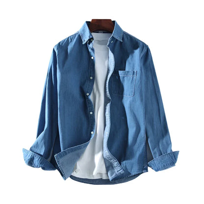 Men Denim Shirt | Long Sleeve Shirt | Lapel Pocket | Daily Casual Pure Cotton Shirt Dark Blue