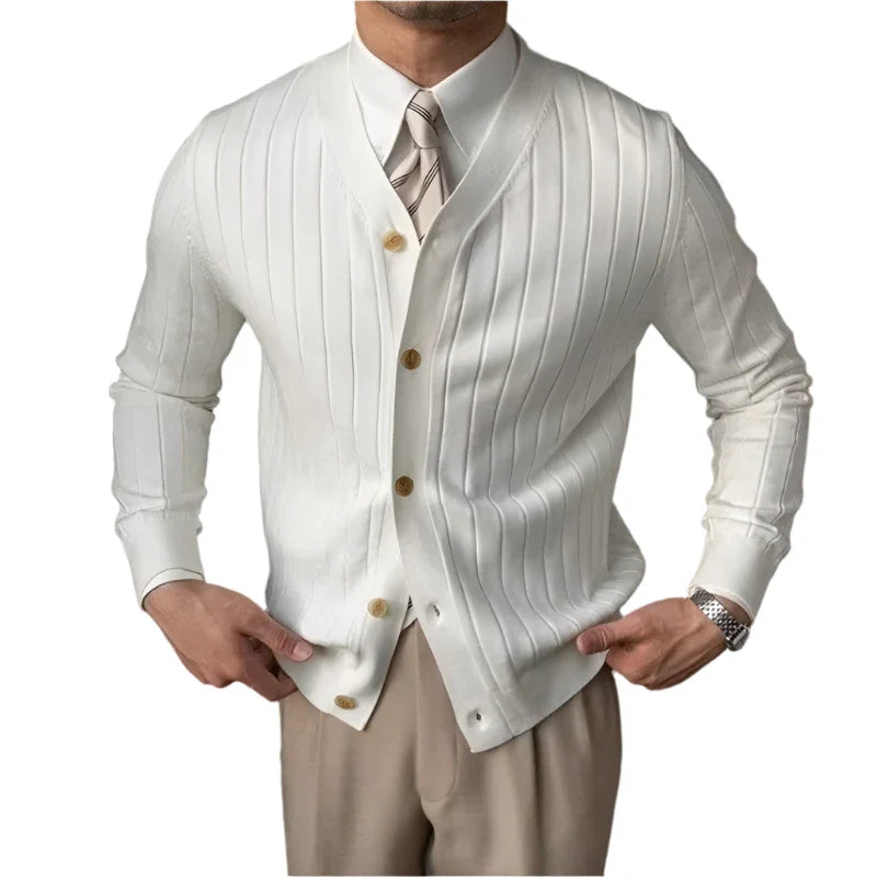 Men Elegant Button Down Cardigan | British Style Long Sleeve Knitted Sweater White