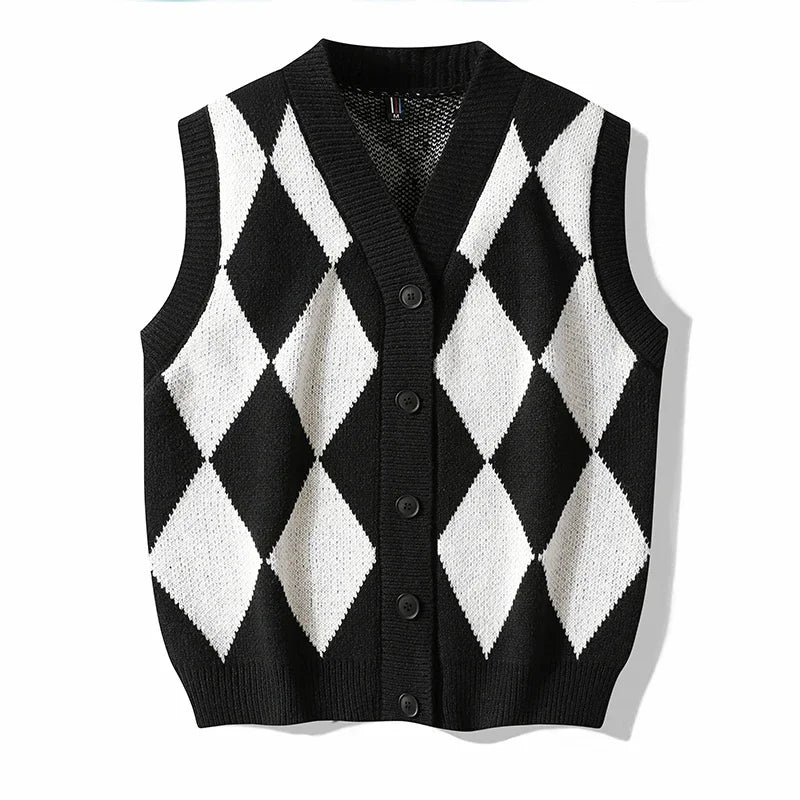 Men Plaid Sweater Vest | Sleeveless V-Neck Button Cardigan | Office Knitted Vest black