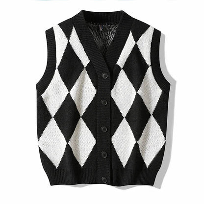 Men Plaid Sweater Vest | Sleeveless V-Neck Button Cardigan | Office Knitted Vest black