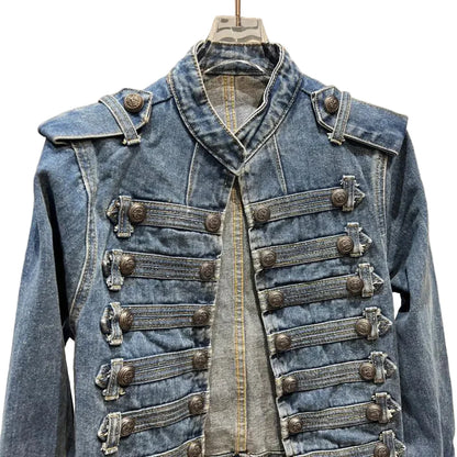 Women Metal Rib Button Denim Jacket | Cropped Jacket | Washed Effect | Napoleon Jacket | Slim