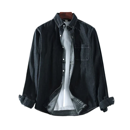 Men Denim Shirt | Long Sleeve Shirt | Lapel Pocket | Daily Casual Pure Cotton Shirt Black