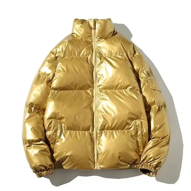 Unisex Metallic Warm Winter Jacket | Thick Waterproof Puffer Jacket | Windproof Jacket Stand Collar Golden