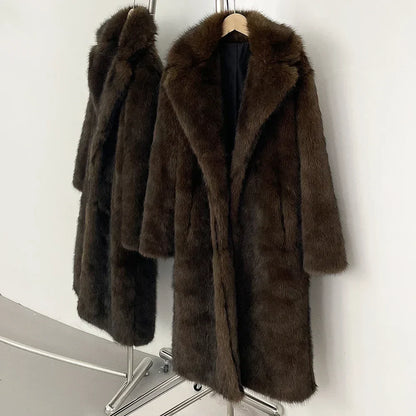 Women Long Fur Coat | Long Jacket | European Style | Lapel Fur Coat | Loose | Winter Coat | Long Coat