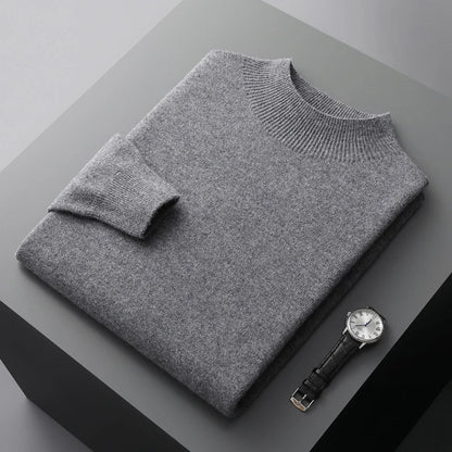 Men Mock Neck Cashmere Sweater | Pullover Semi-High Neck Pure Wool Sweater Dark Grey