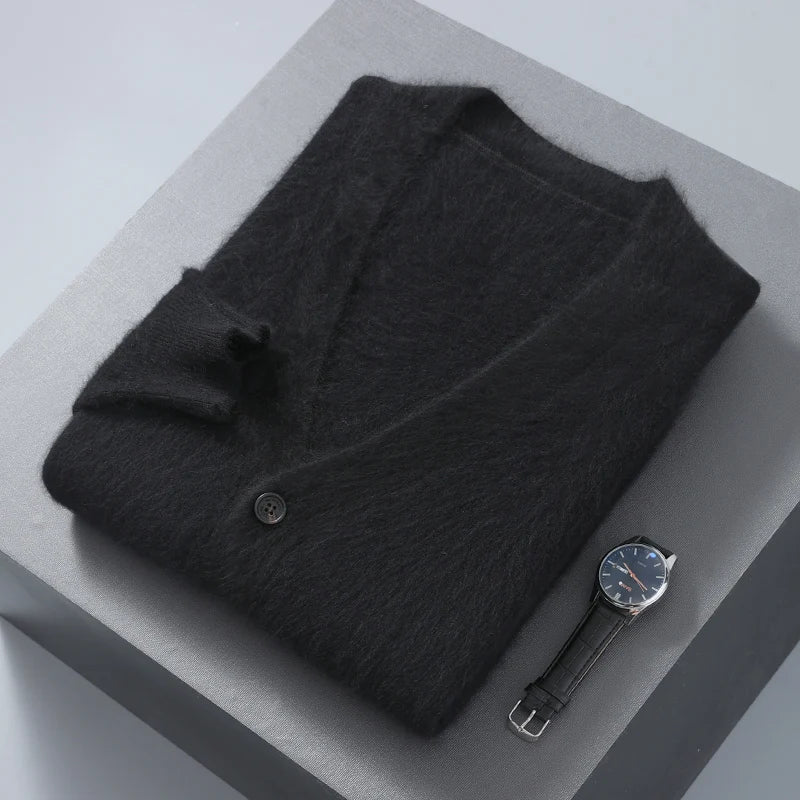 Men Mink Cashmere Warm Cardigan | Casual Loose V-Neck Knit Coat Black