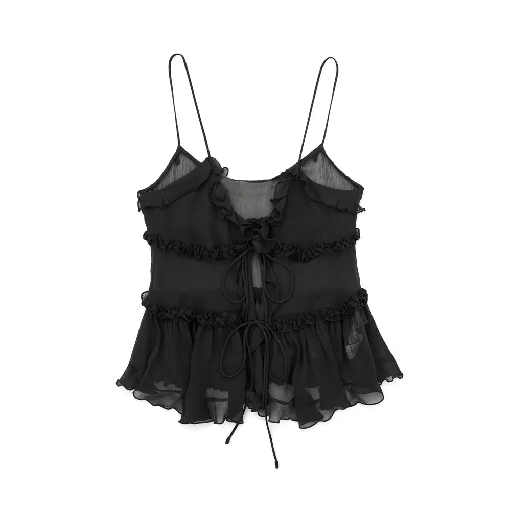 Women Ruffled Front Tank Top | Semi-Sheer Backless Thin Straps Camisole Top Black