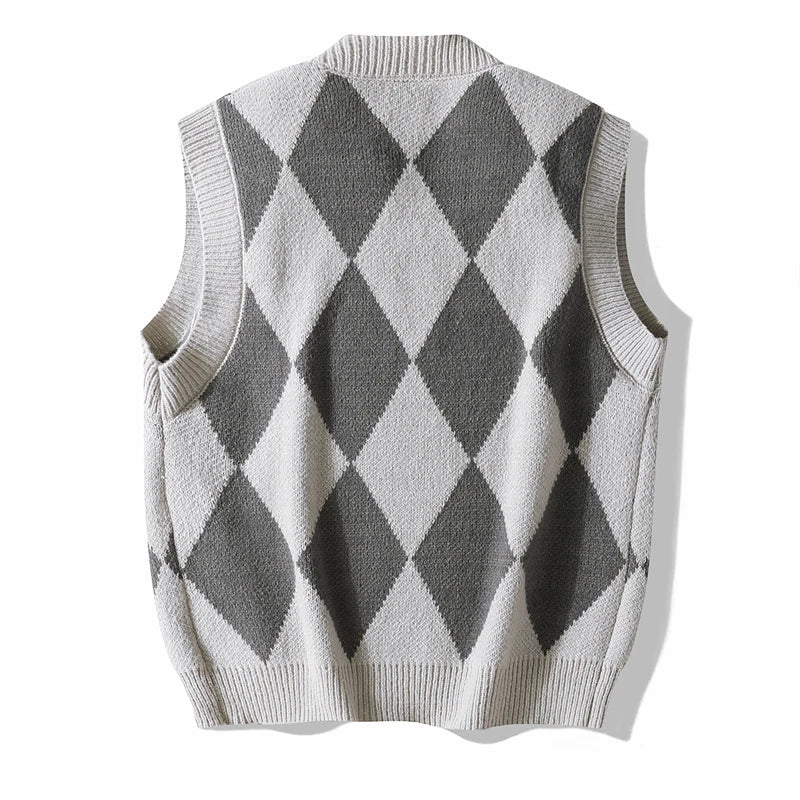 Men Plaid Sweater Vest | Sleeveless V-Neck Button Cardigan | Office Knitted Vest