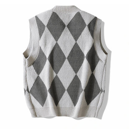Men Plaid Sweater Vest | Sleeveless V-Neck Button Cardigan | Office Knitted Vest