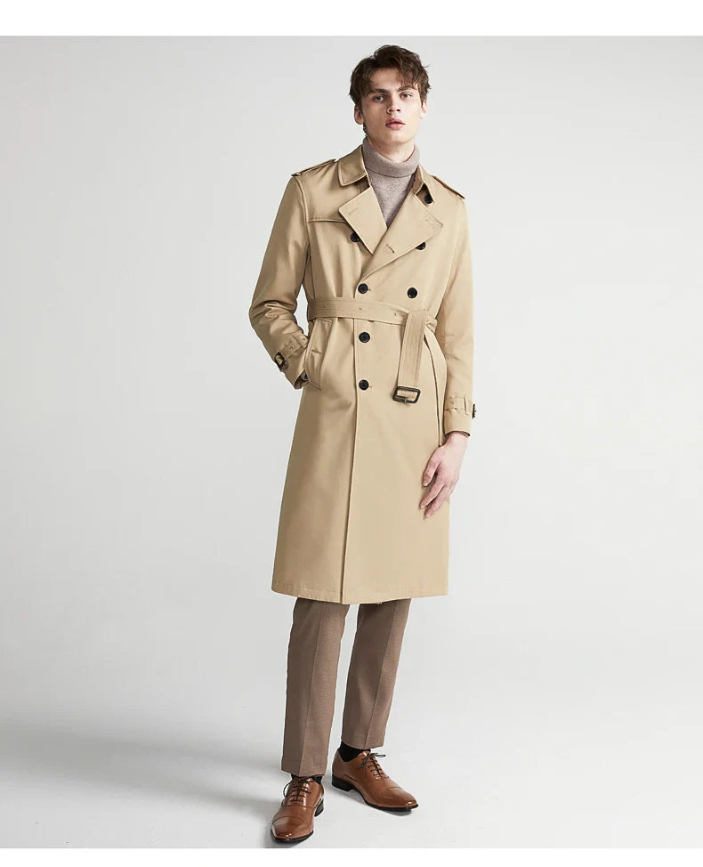 Men Long Trench Coat with Belt | Double Breasted | Elegant | Luxury British Style | Overcoat | Long Coat
