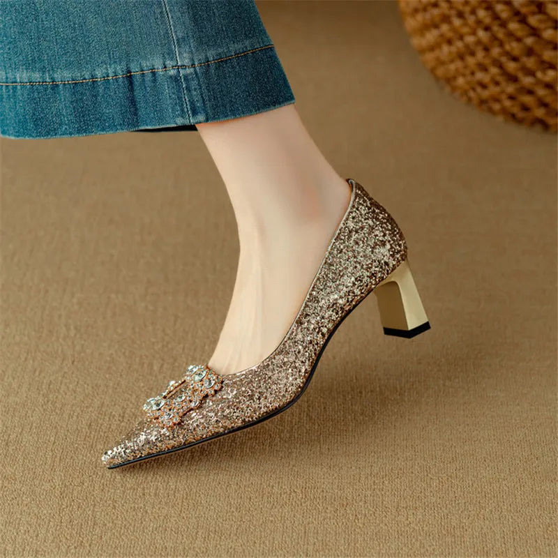 Stella | Women's Glitter Block Heel Pumps Pointed Toe Crystal Buckle