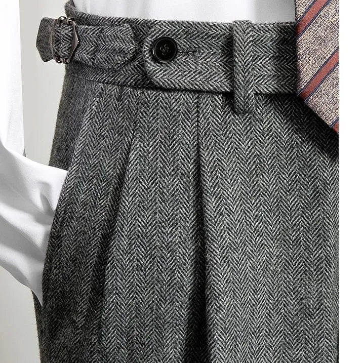 Men Vintage High Waisted Tweed Pants | Woolen Trousers | Business Casual Pants Gray