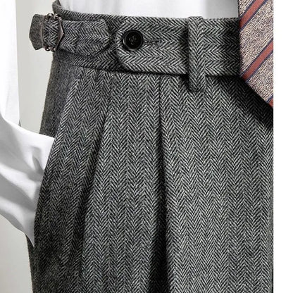 Men Vintage High Waisted Tweed Pants | Woolen Trousers | Business Casual Pants Gray