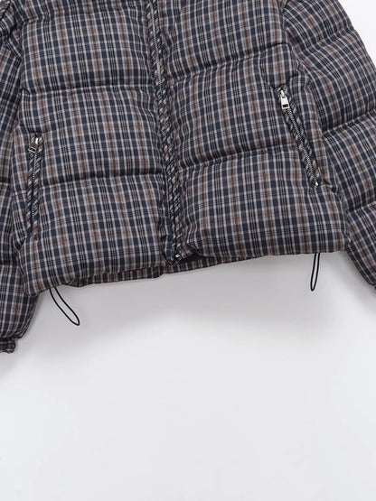 Women Plaid Puffer Jacket | Stand-Collar | Padded | Warm | Check | Parkas Jacket