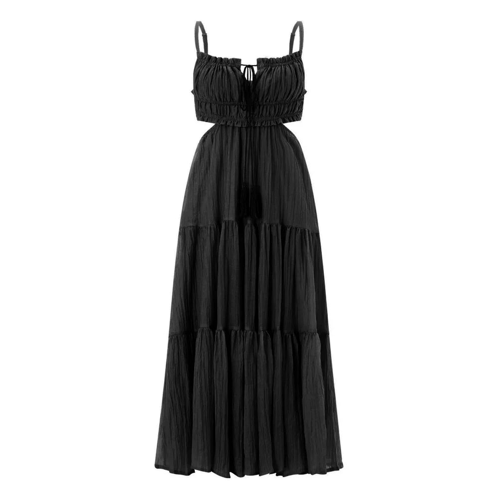 Women Summer Flowy Long Dress | Spaghetti Strap Backless Ruffled A-line Dress | Bohemian Holiday Sundress black