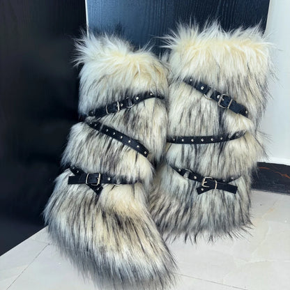 Women Winter Boots | Faux Fur Snow Boots | Warm Long Boots | Plush Over Knee | High Boots | Y2K | Furry Shoes Ivory