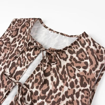 Women Leopard Print Vacation Two-Piece Set | High Waist Wide Leg Pants | Cut Out Bowknot Sleeveless Vest Top