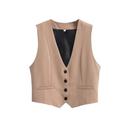 Women Front Button Cropped Waistcoat | Vintage V Neck Sleeveless Chic Top Khaki