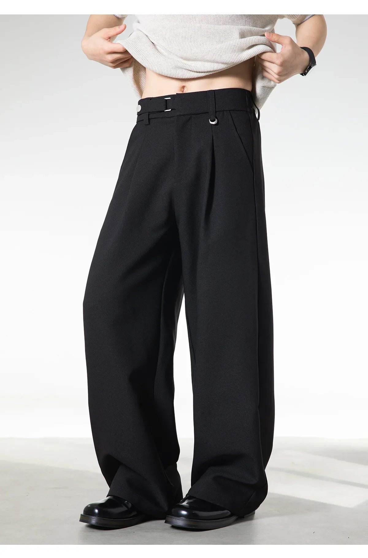Men Loose Fit Dress Pants | Adjustable Buckle | Pleated | Casual Trousers | Wide Leg