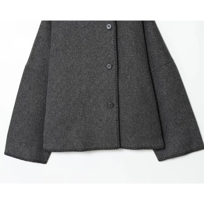 Women Short Jacket | Wide Shoulder | Vintage High Neck | Long Sleeve | Cape Coat