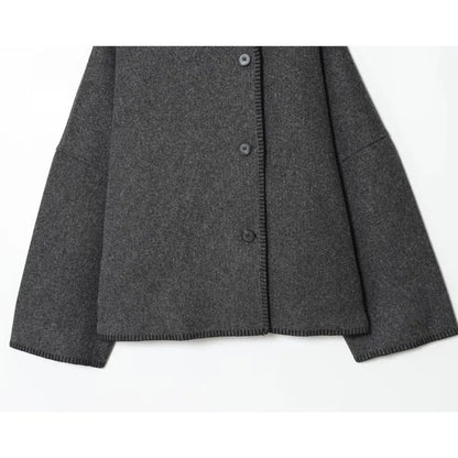 Women Short Jacket | Wide Shoulder | Vintage High Neck | Long Sleeve | Cape Coat