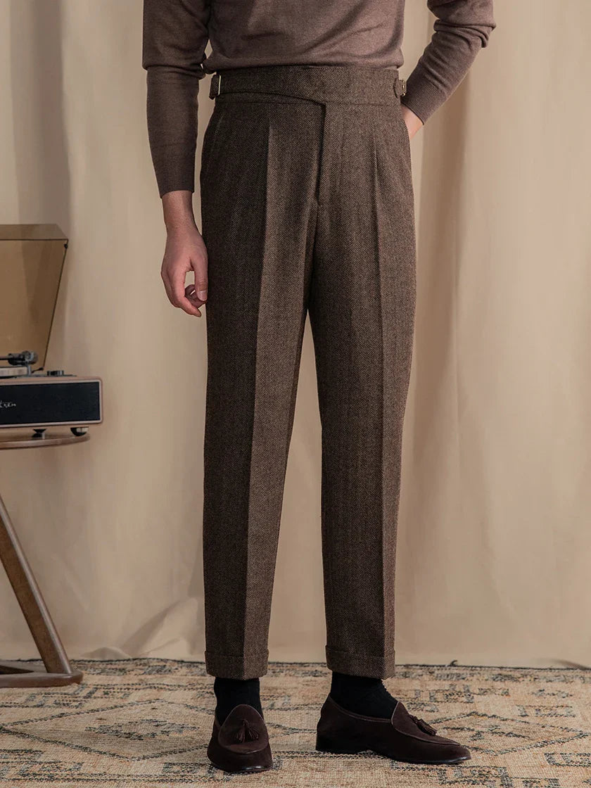 Men Vintage Wool Herringbone Pattern Pants | Casual | British | Warm | High Waist | Straight Pants