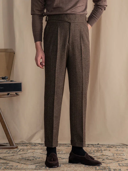Men Vintage Wool Herringbone Pattern Pants | Casual | British | Warm | High Waist | Straight Pants