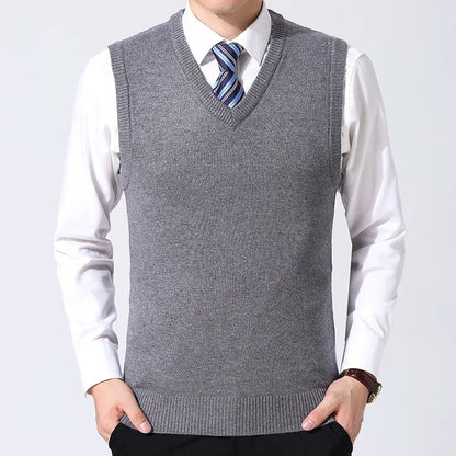 Men Knitted Cotton Sweater Vest | Casual Warm Winter V-Neck Outerwear Gray