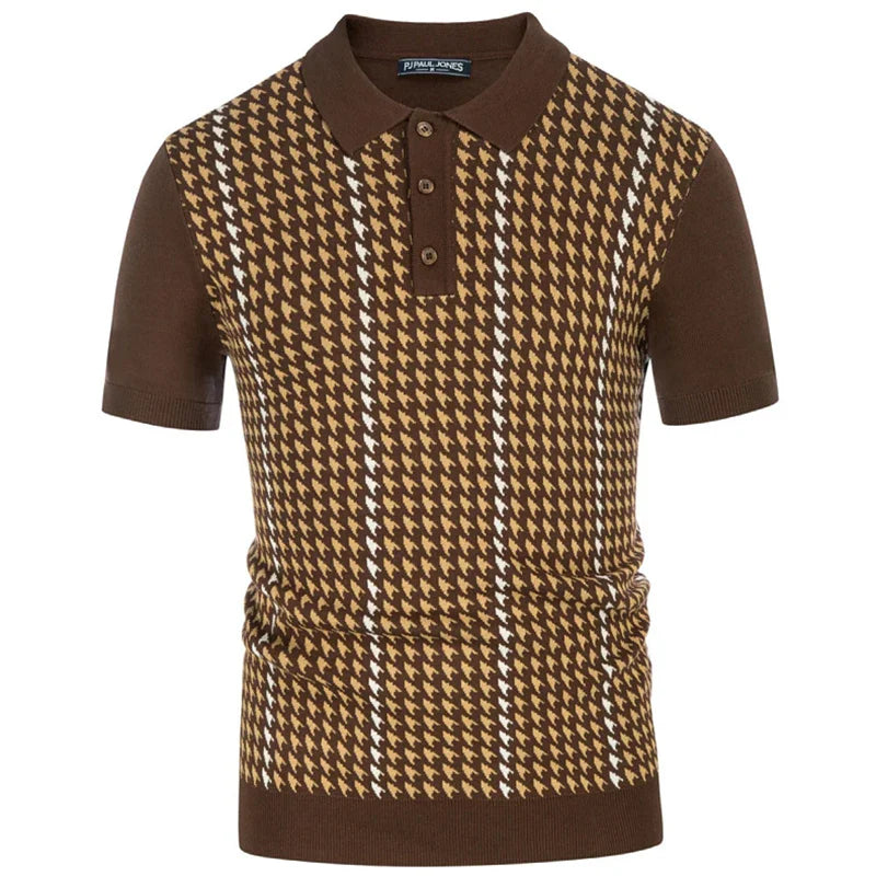 Men Classic Houndstooth Knitted Polo Shirt | Crochet Knit Polo Collar | Short Sleeve Pullover Yellow