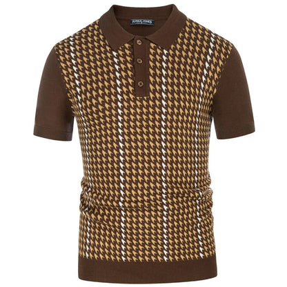 Men Classic Houndstooth Knitted Polo Shirt | Crochet Knit Polo Collar | Short Sleeve Pullover Yellow