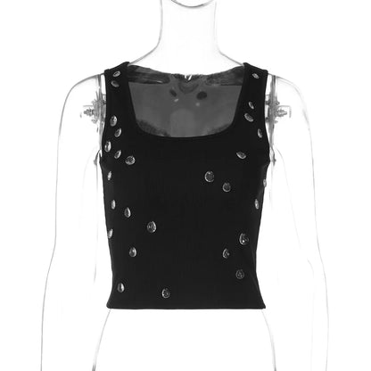 Women Summer Bling Beading Tank Top | Sleeveless Short Cami Tee black