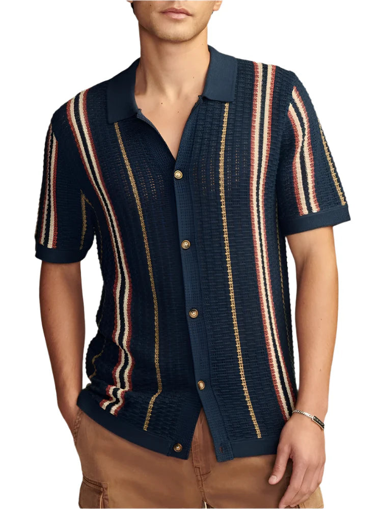 Men Knitted Summer Shirt | Casual Breathable Slim Fit Short Sleeve | Vintage Striped Crochet Knit Shirt Dark Blue