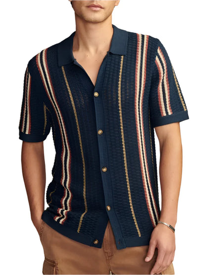 Men Knitted Summer Shirt | Casual Breathable Slim Fit Short Sleeve | Vintage Striped Crochet Knit Shirt Dark Blue