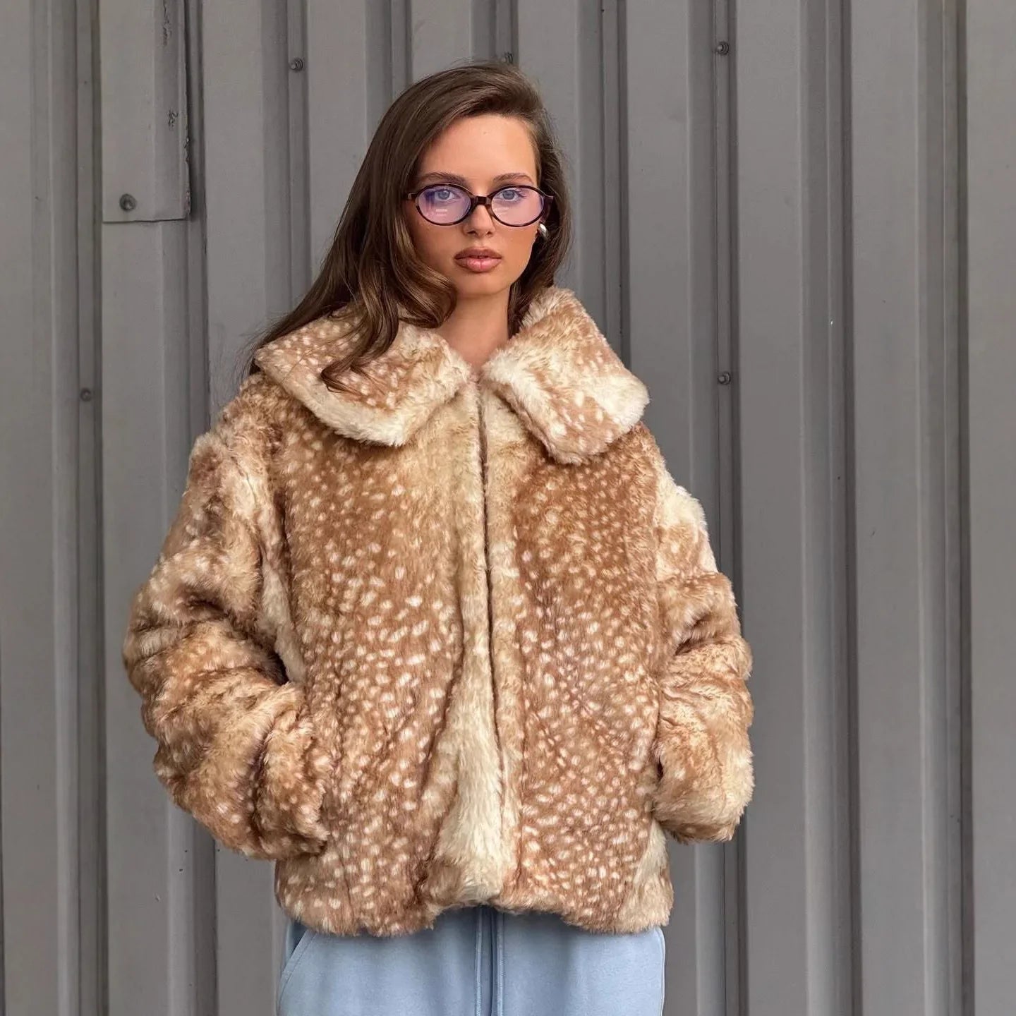 Women Deer Print Fur Coat | Short Coat | Vintage Fur Coat