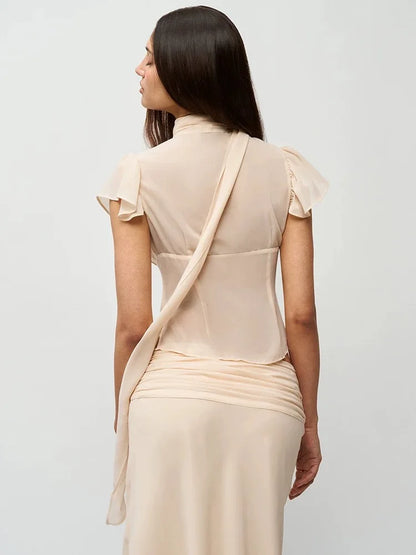 Women Summer Set | Chiffon Top | Chiffon Skirt | Midi Skirt | Short Top | Waist Cinching