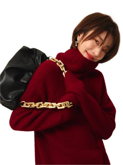 Women High Neck Cashmere Sweater Cherry Red
