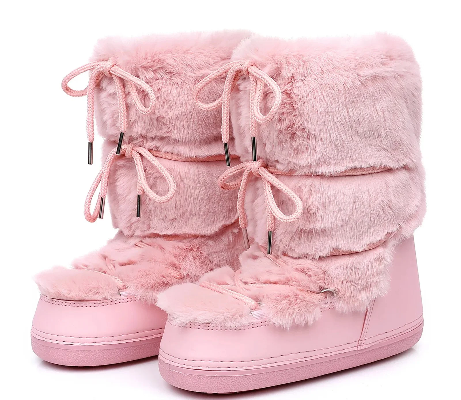 Women Winter Snow Boots | Mid-Calf | Lace-Up | Fur Ski Boots | Platform | Waterproof pink