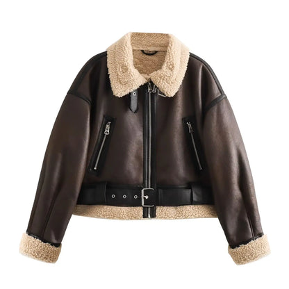 Women Short Leather Shearling Jacket | Cropped Leather Jacket Dark Brown