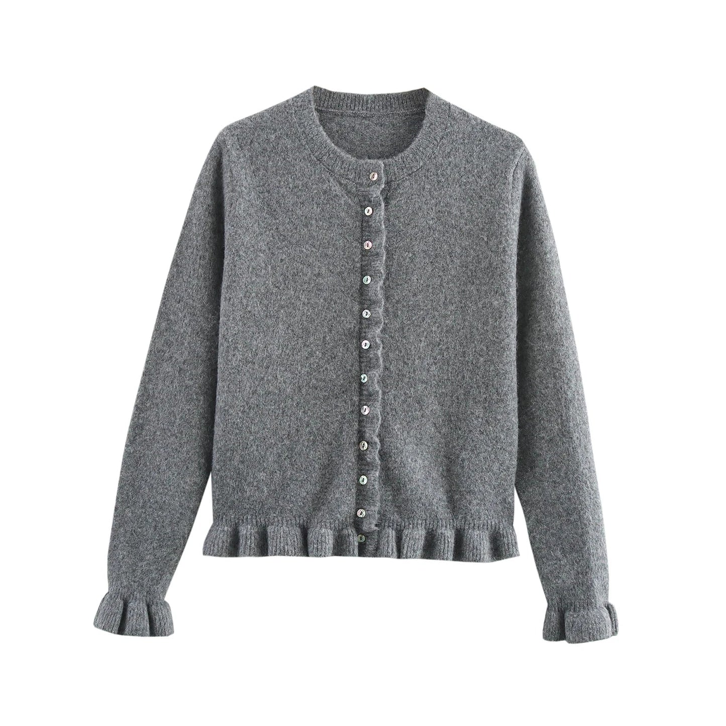 Women Knit Cardigan | Petal Sleeve Sweater | Autumn | Button Down Sweater Grey