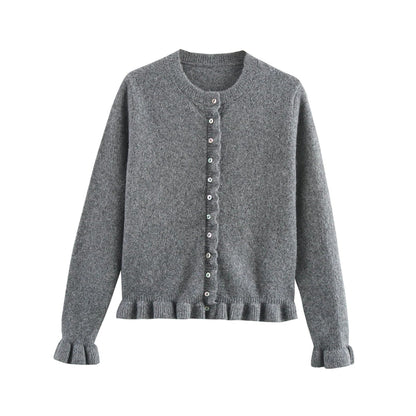 Women Knit Cardigan | Petal Sleeve Sweater | Autumn | Button Down Sweater Grey