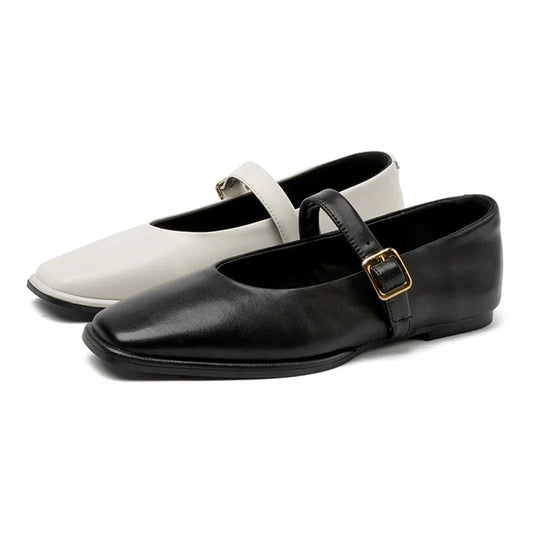 Women Mary Jane Shoes | Genuine Leather | Ballet Shoes | Square Toe Flat Shoes